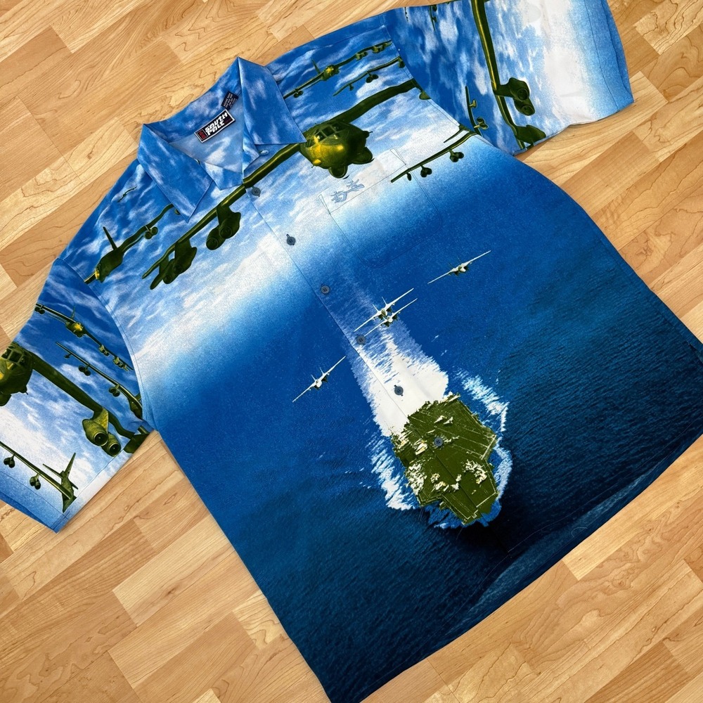 Southpole Mens XXL Blue Military Aircraft Carrier Bomber Jet Graphic Shirt Vtg